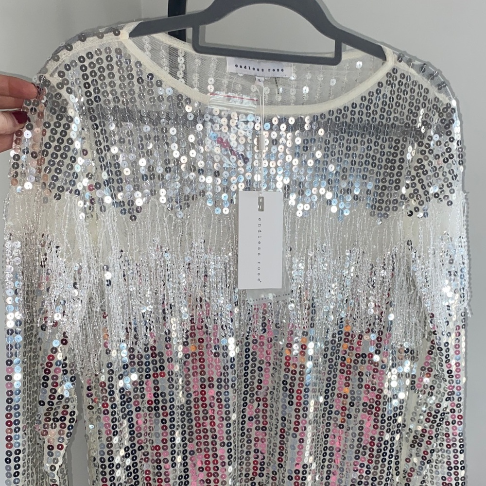 Endless Rose Silver Sequin Fringe Top - Picture 2 of 9